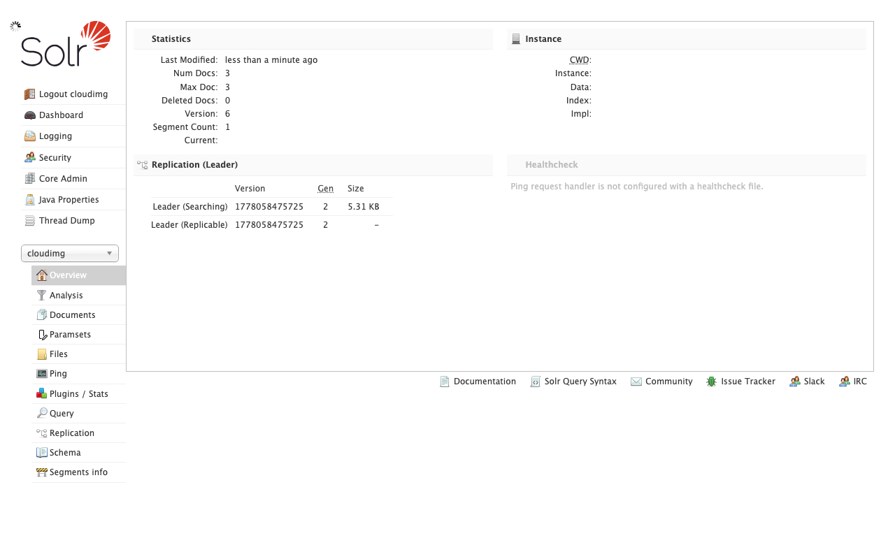 Solr Admin UI cloudimg core overview showing schema, stats, and the Query tab