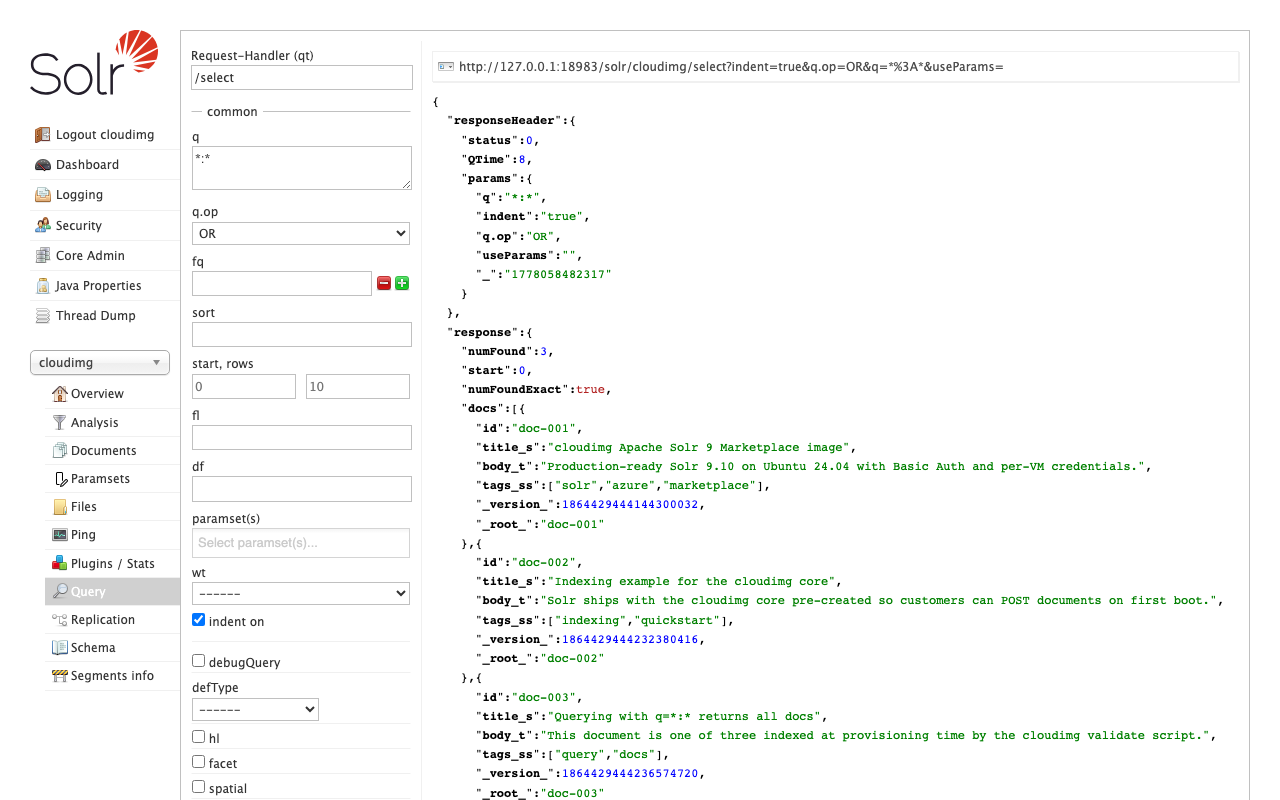 Solr Admin UI Query tab against the cloudimg core — q=*:* response with empty result set ready for indexing