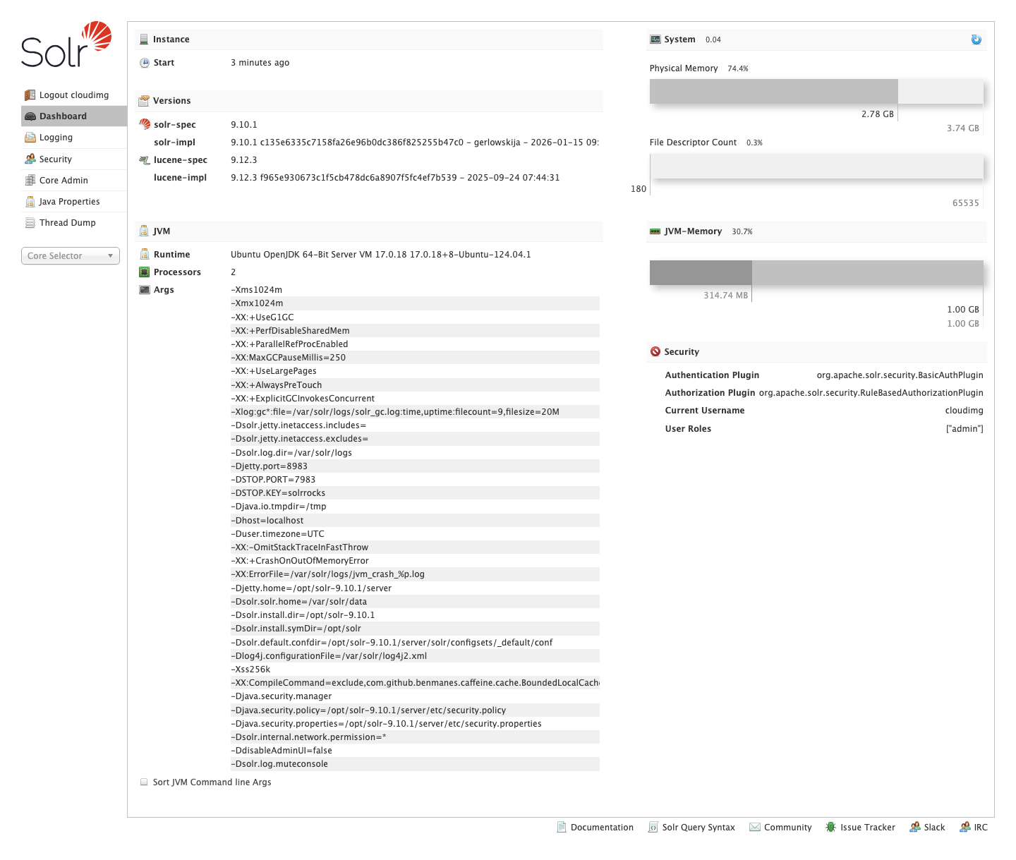 Apache Solr Admin UI dashboard, authenticated as the cloudimg administrator, showing the system, JVM and security panels