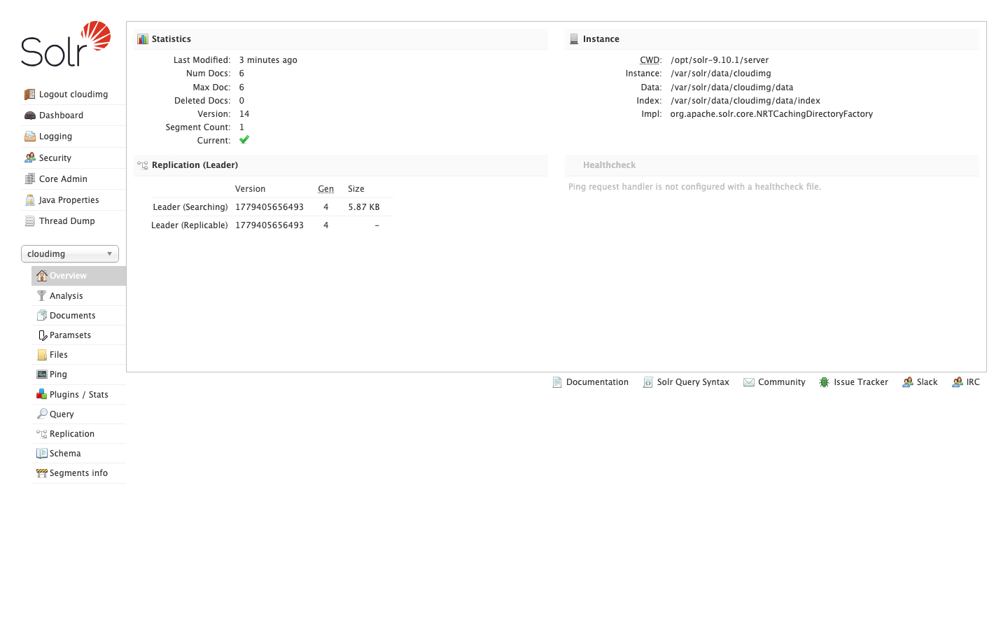 The Solr Admin UI overview of the cloudimg core, showing document counts, the on disk instance paths and replication details