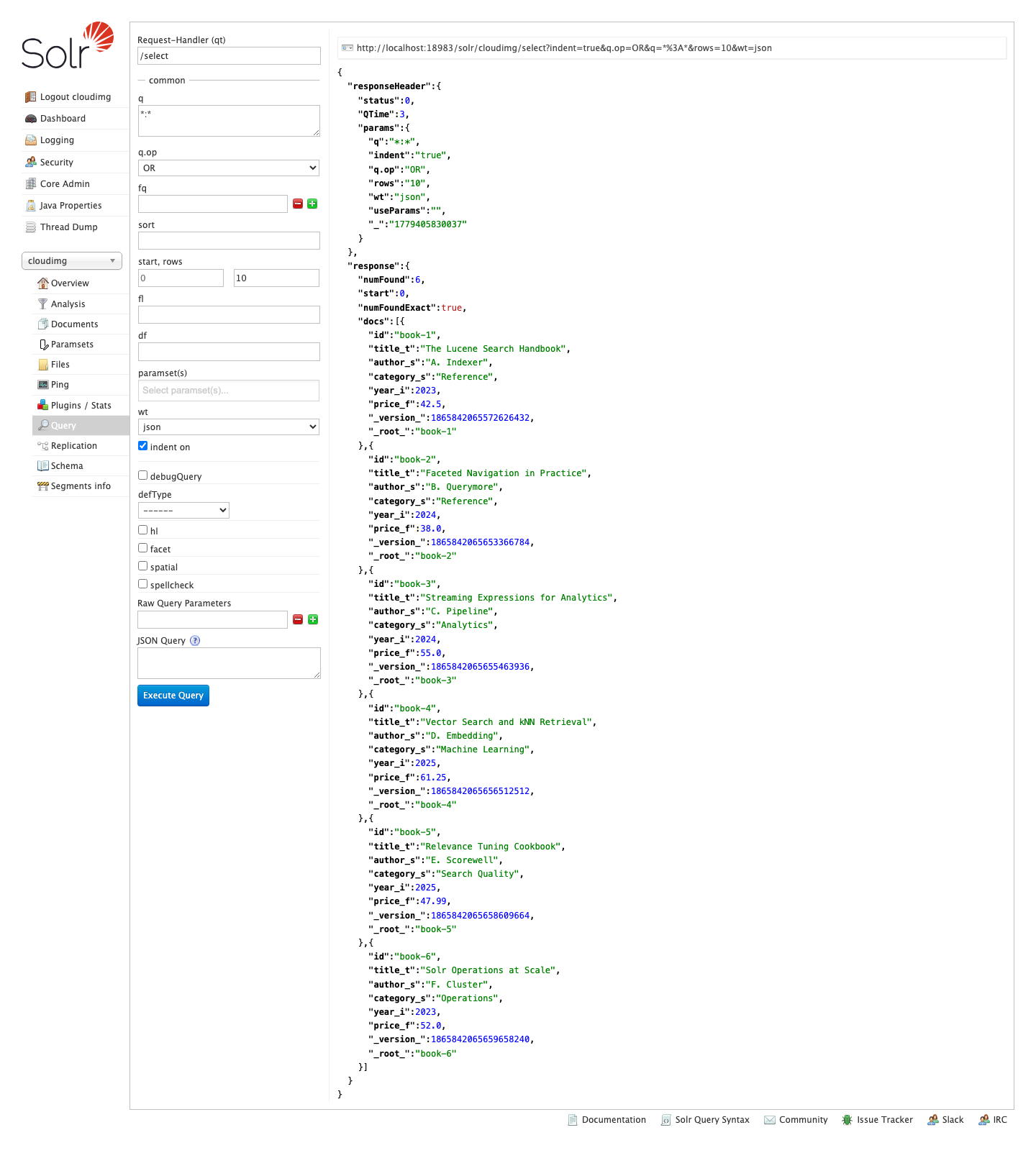 The Solr Admin UI Query tab running a search against the cloudimg core and returning matching documents as JSON