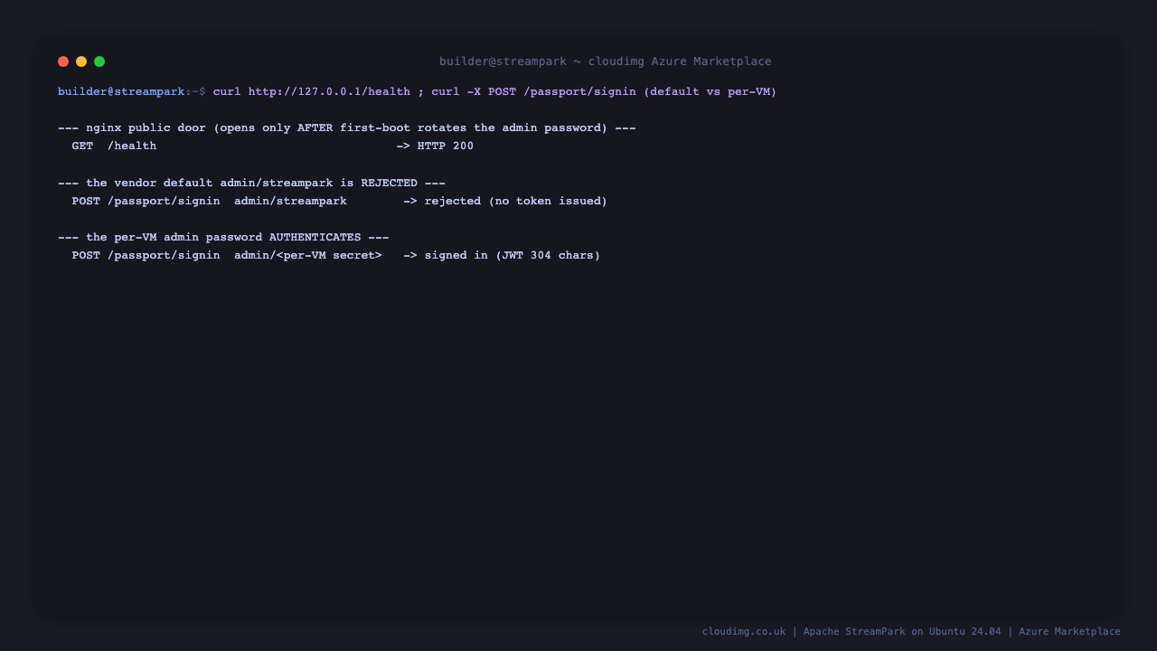 The nginx health endpoint returning HTTP 200, the vendor default admin and streampark login rejected with no token issued, and the per VM administrator password signing in and being issued a JWT