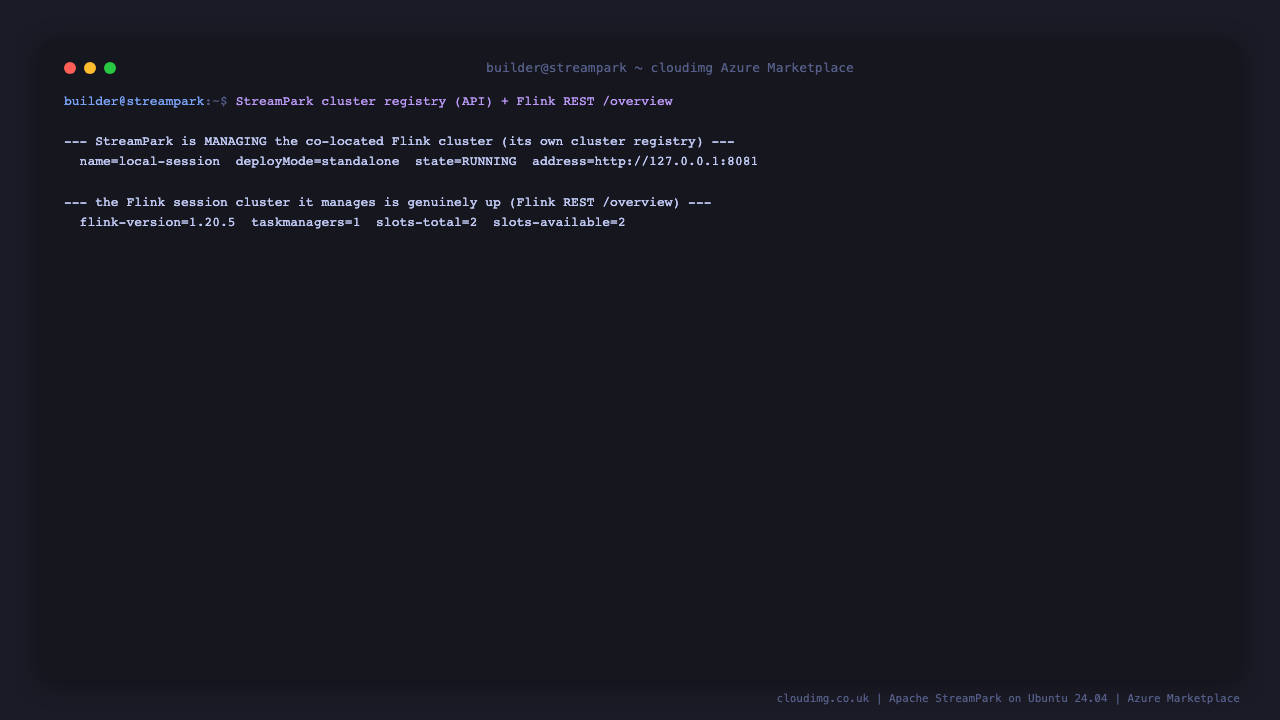 StreamPark's cluster registry queried over its API, showing the local-session cluster RUNNING at the loopback Flink REST, and the Flink REST overview reporting Flink 1.20.5 with one TaskManager and two task slots