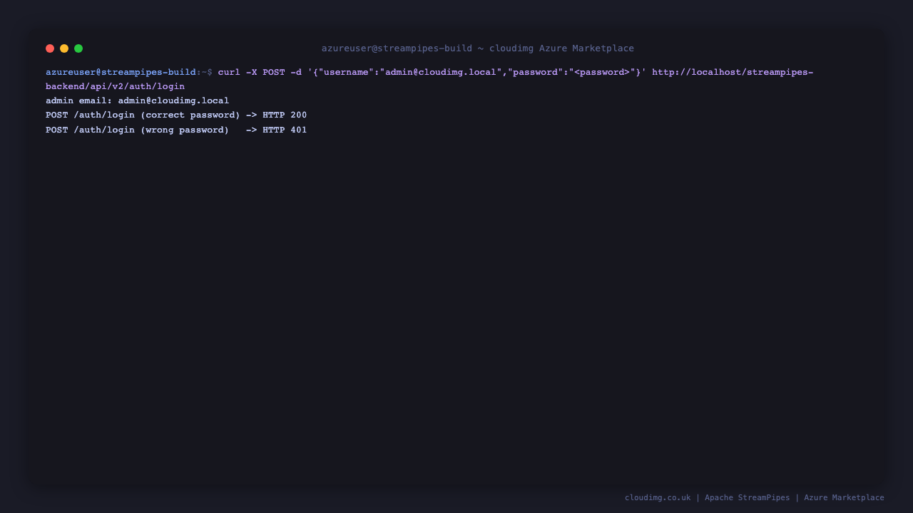 Apache StreamPipes admin login API round-trip - correct password accepted, wrong password rejected