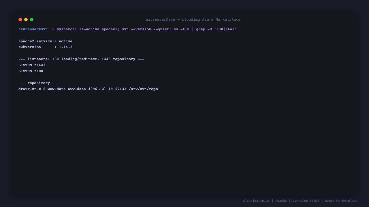 Apache active, Subversion version, HTTPS listeners and the repository