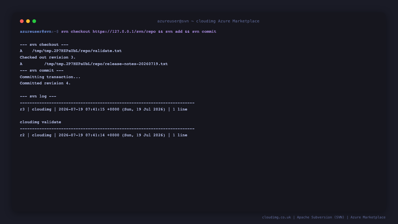 svn checkout, add and commit succeed and the log shows the new revision