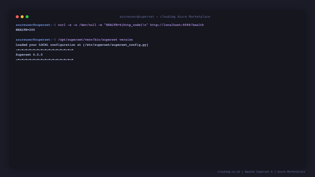 Apache Superset 6 version 6.0.0 reported by superset version, /health returning 200