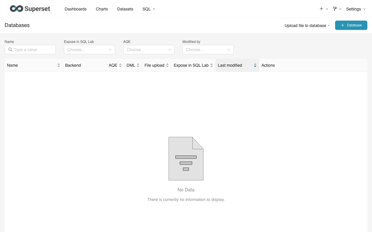 Empty Database Connections page on a freshly deployed Superset VM, before any external sources have been added