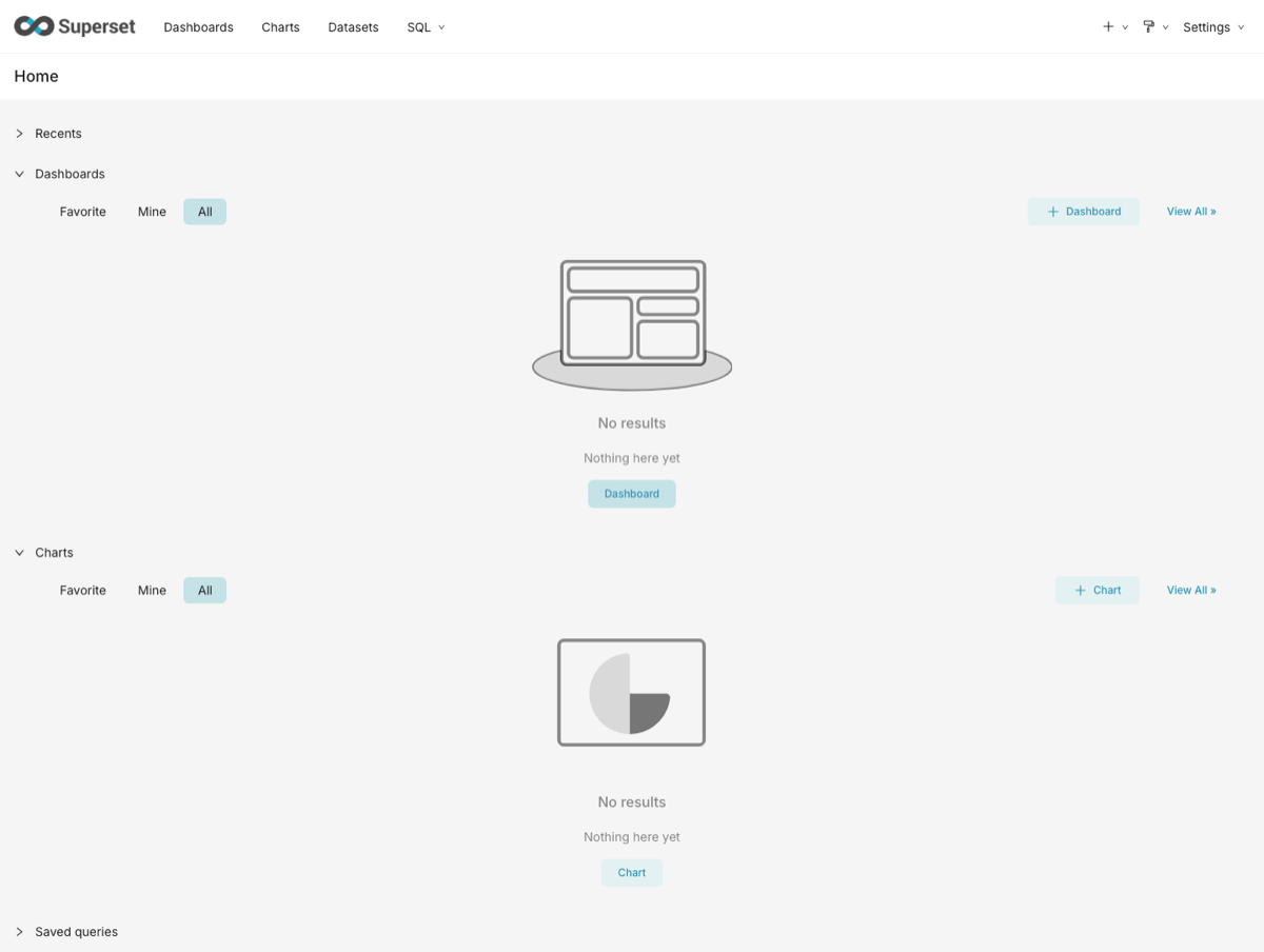 Apache Superset home page after first sign in