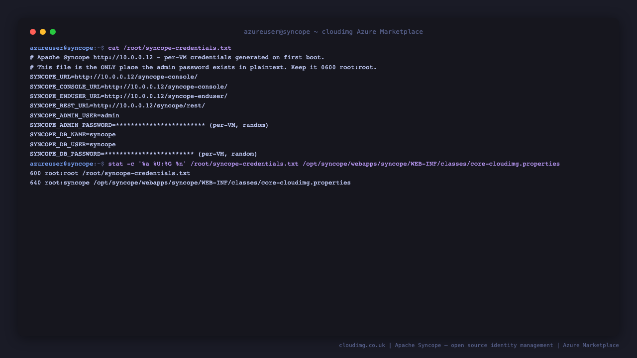 Per VM Apache Syncope credentials and file permissions