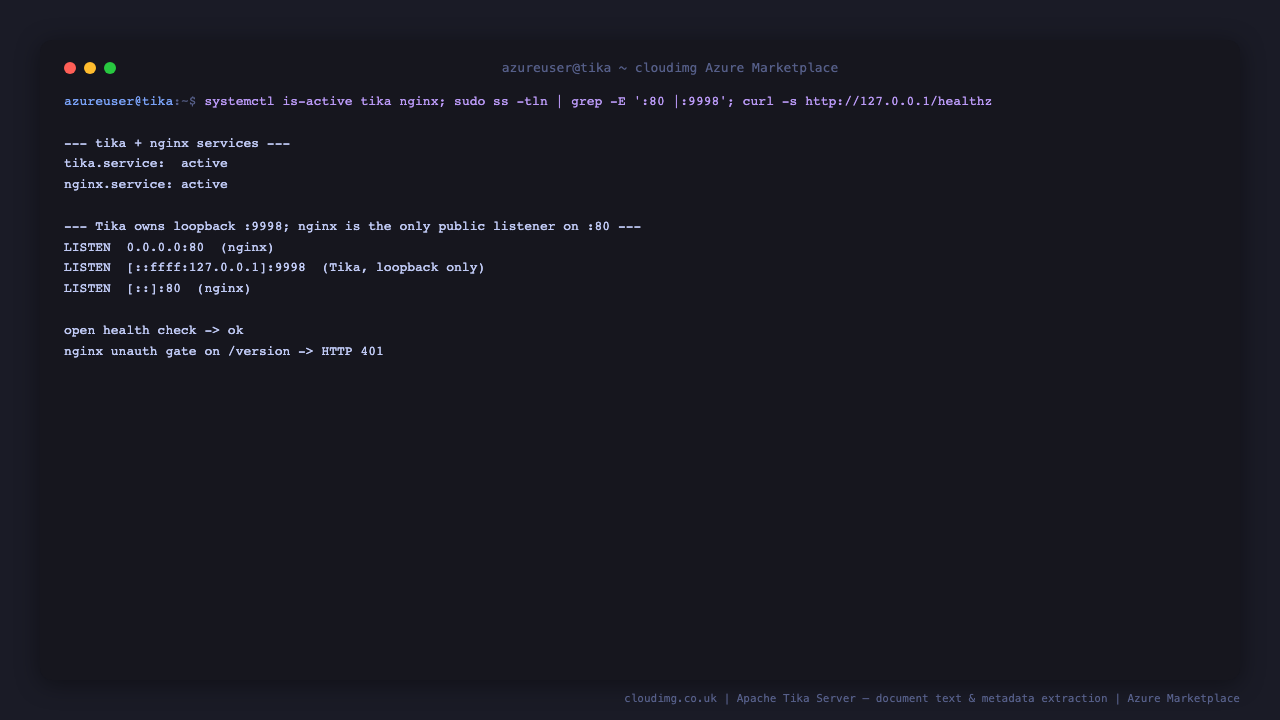 Terminal showing the tika and nginx services active, Tika bound to loopback 9998 with nginx fronting port 80, and the health endpoint returning ok