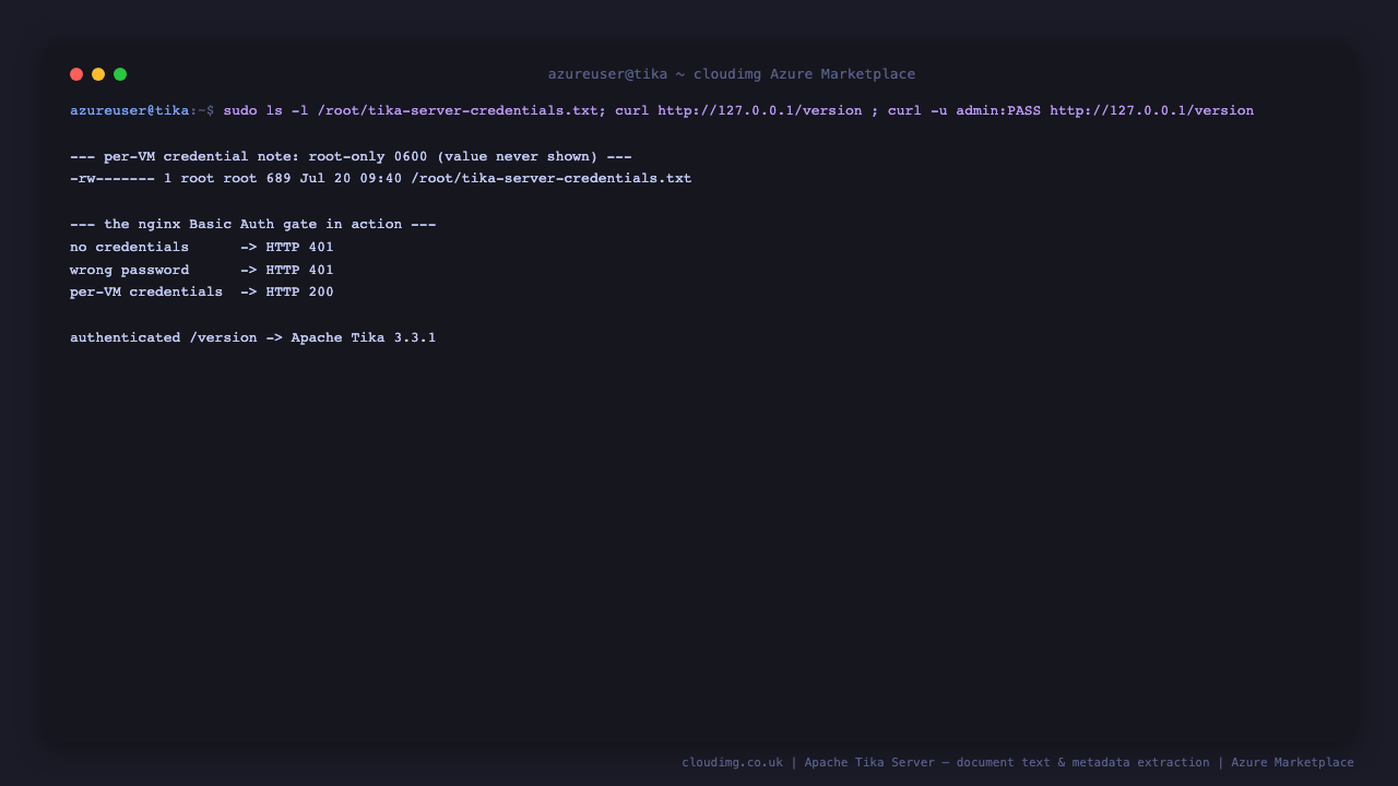 Terminal showing the root only credentials file with 0600 permissions and the API rejecting an unauthenticated request with HTTP 401