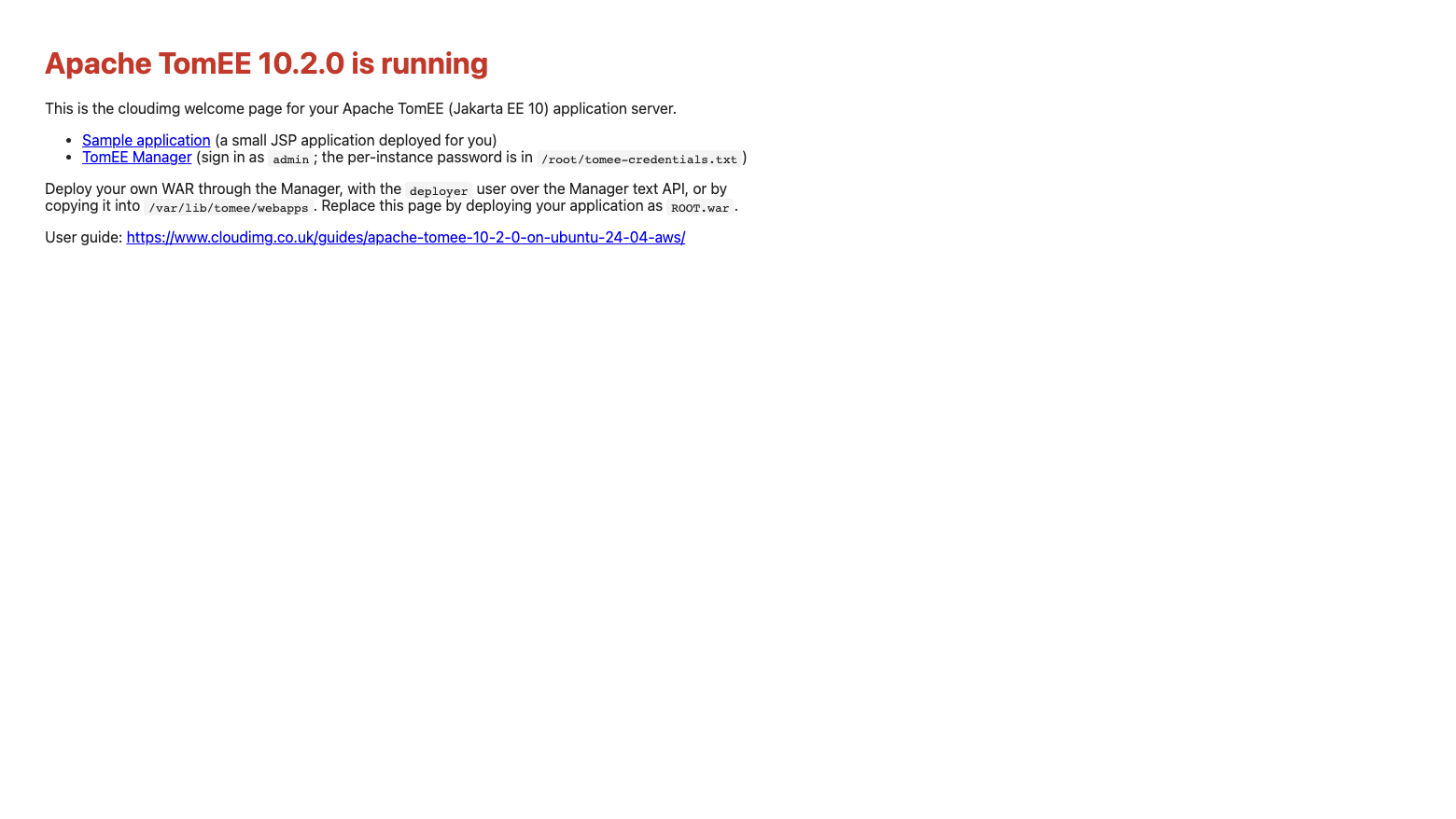 The cloudimg welcome page reading Apache TomEE 10.2.0 is running, with links to the sample application and the TomEE Manager