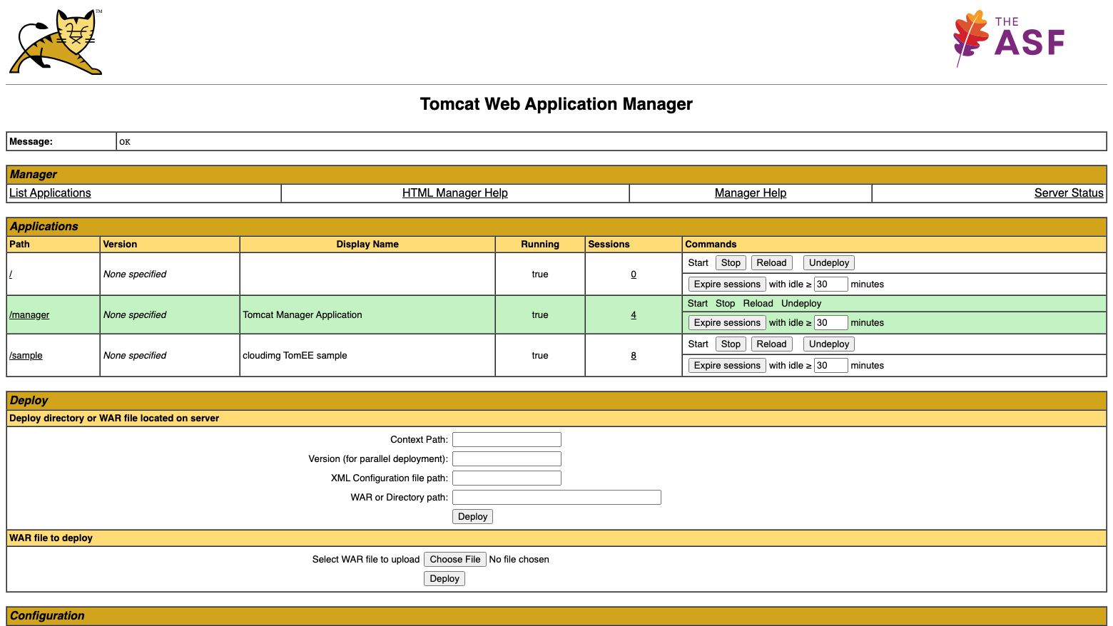 The Tomcat Web Application Manager listing the ROOT, manager and sample applications with their Start, Stop, Reload and Undeploy commands, above the Deploy section