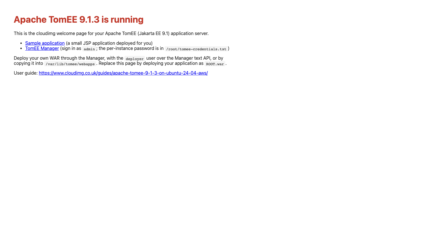 The cloudimg welcome page reading Apache TomEE 9.1.3 is running, with links to the sample application and the TomEE Manager
