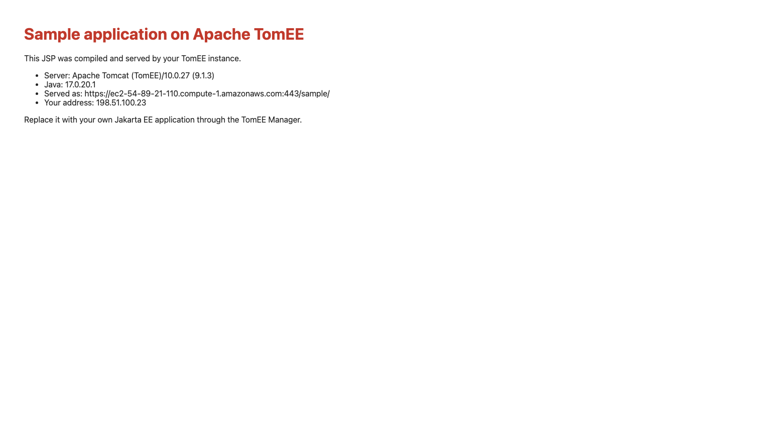 The sample application page showing Server Apache Tomcat (TomEE)/10.0.27 (9.1.3), Java 17, the https address it is served as and the client address