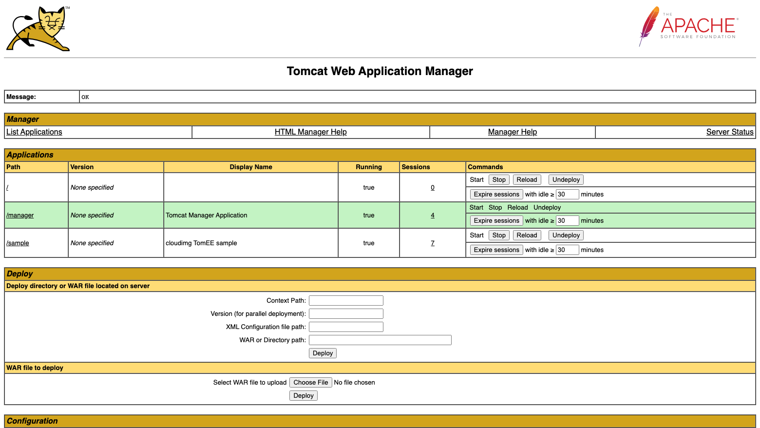 The Tomcat Web Application Manager listing the ROOT, manager and sample applications with their Start, Stop, Reload and Undeploy commands, above the Deploy section