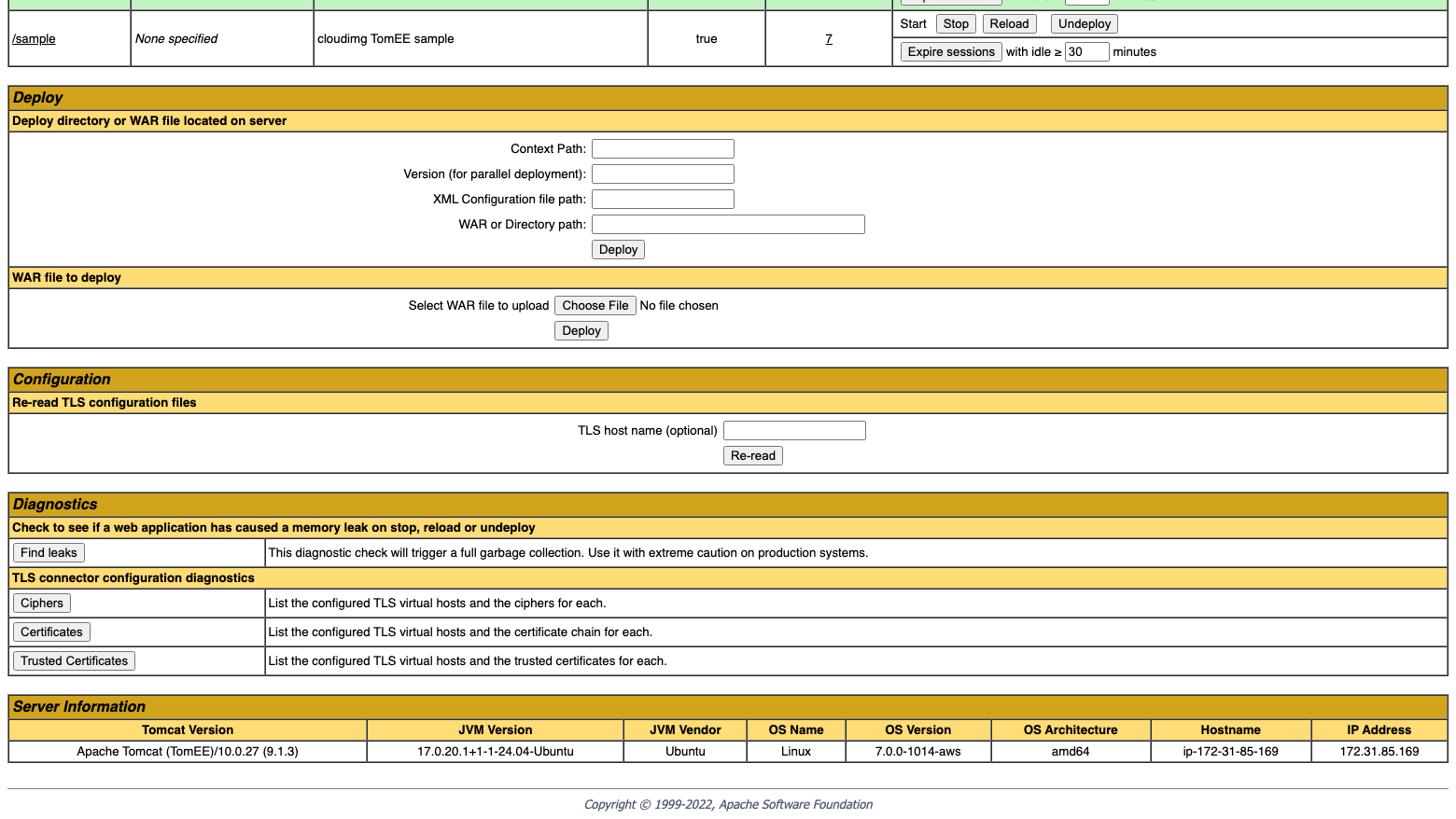 The Manager Deploy section with the WAR file upload form, the Configuration and Diagnostics sections, and the Server Information row