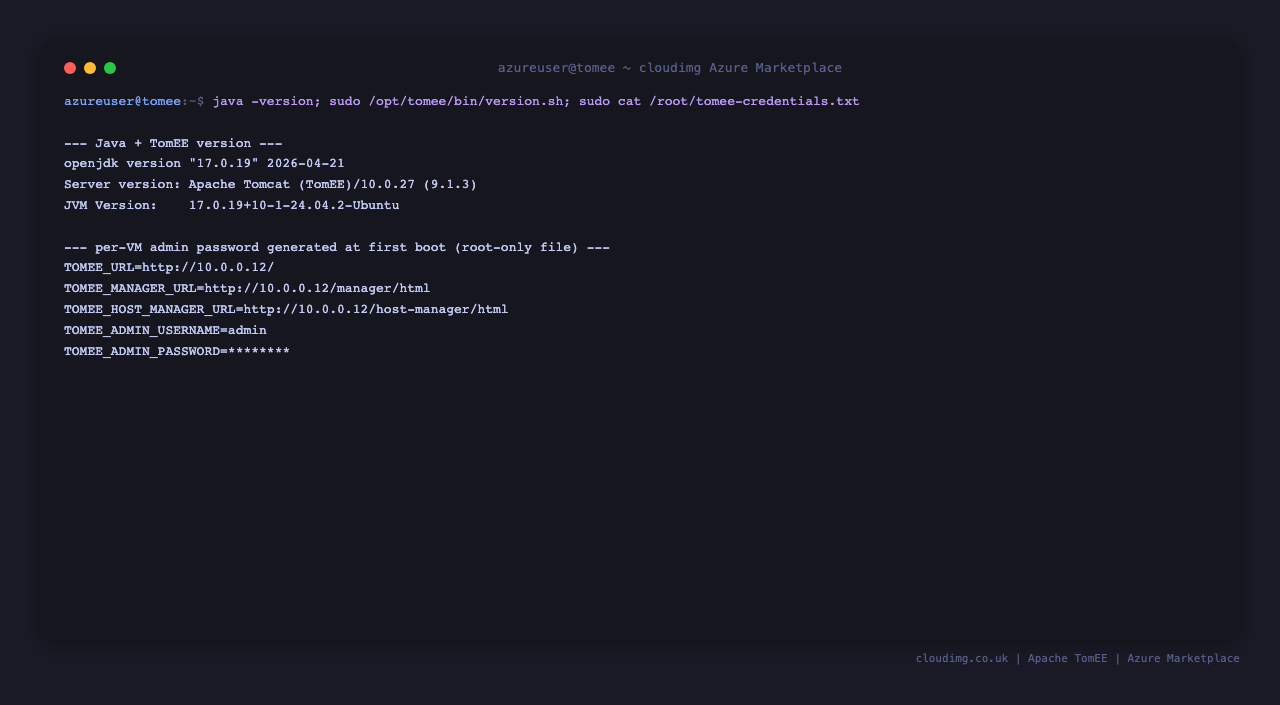 Java and TomEE version, and the per-VM admin credentials file