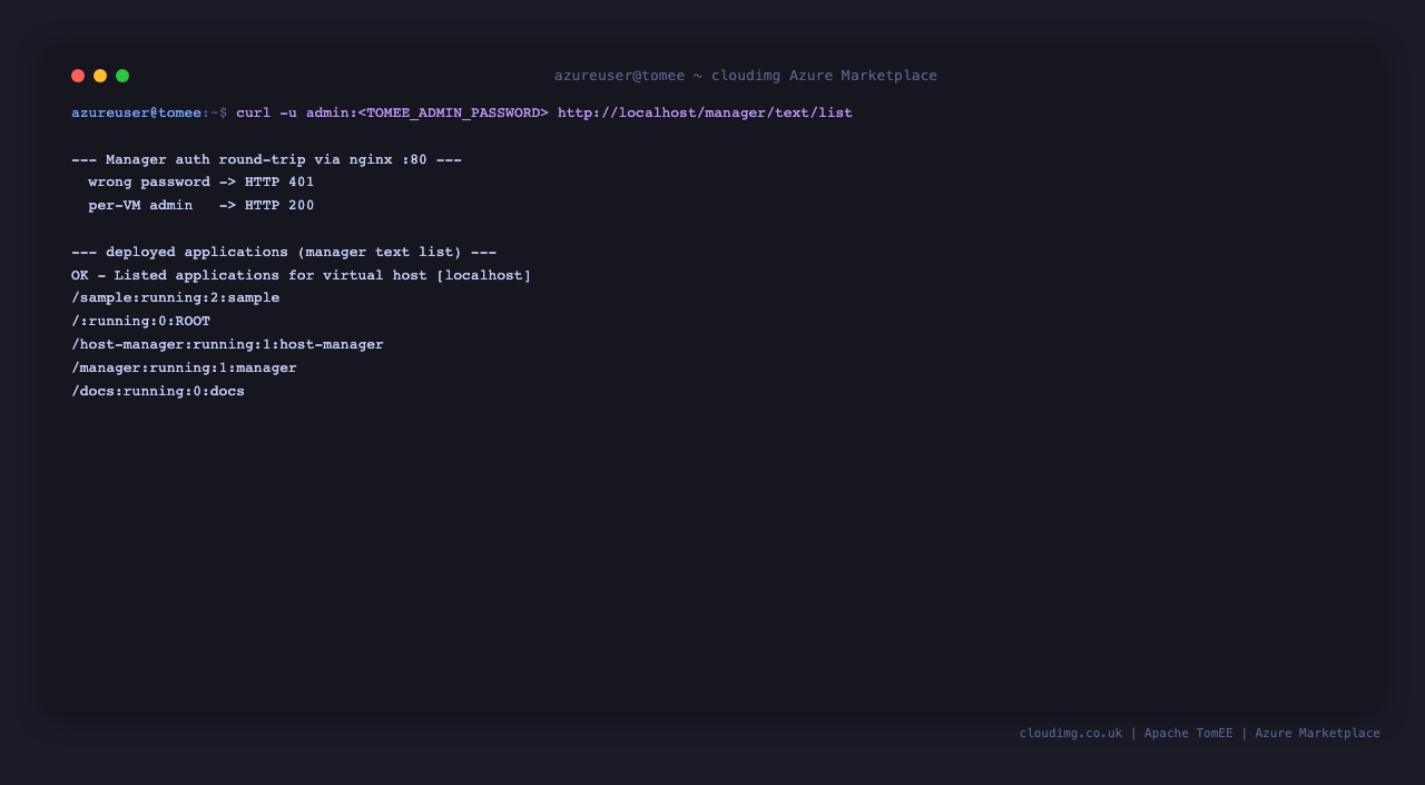 The Manager auth round-trip - wrong password 401, per-VM admin 200, applications listed
