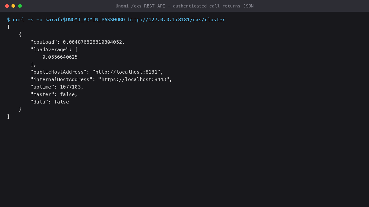 The Unomi /cxs REST round-trip - the per-VM password returns the cluster JSON