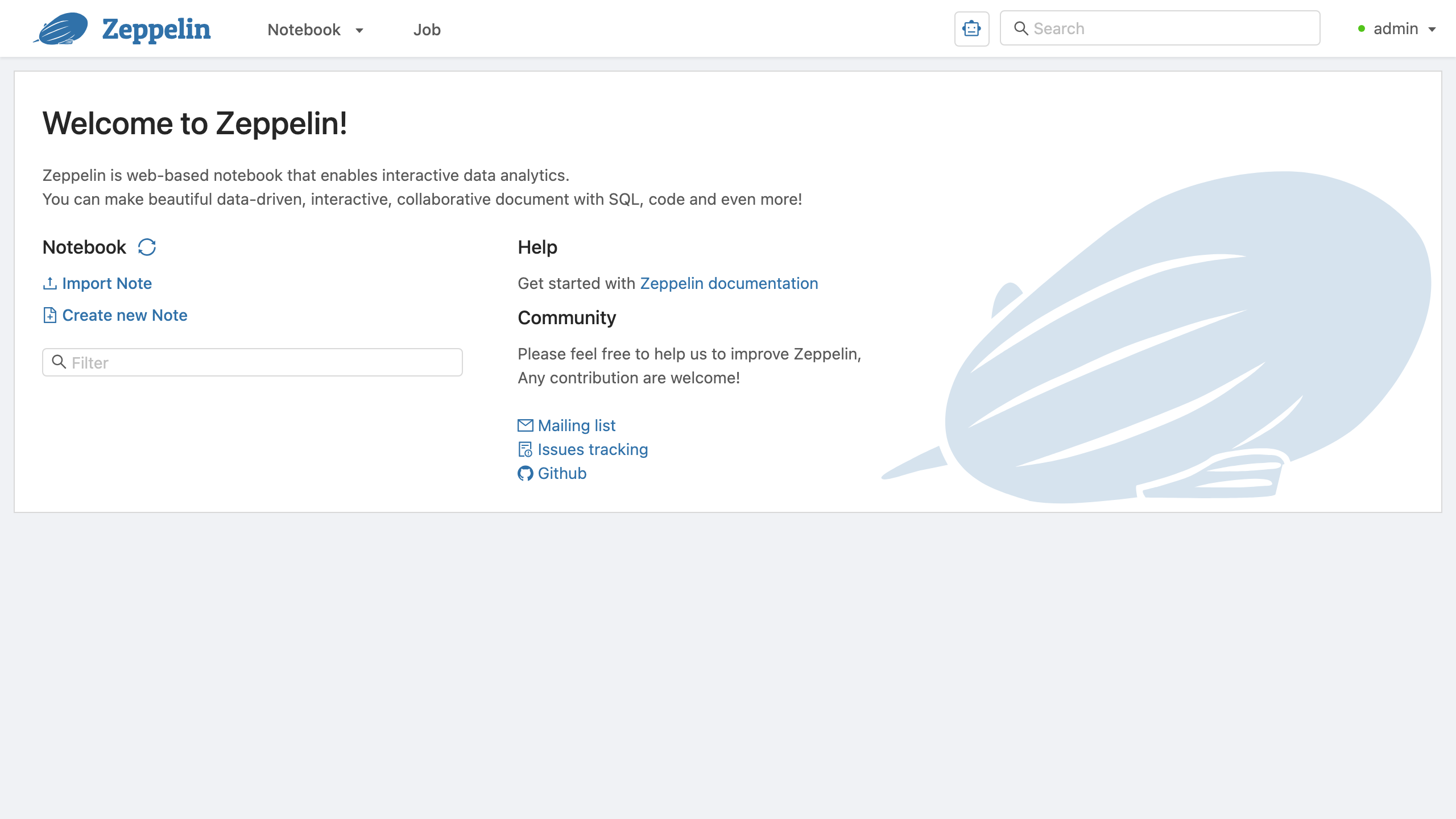 The Apache Zeppelin home page and notebook list, signed in as admin