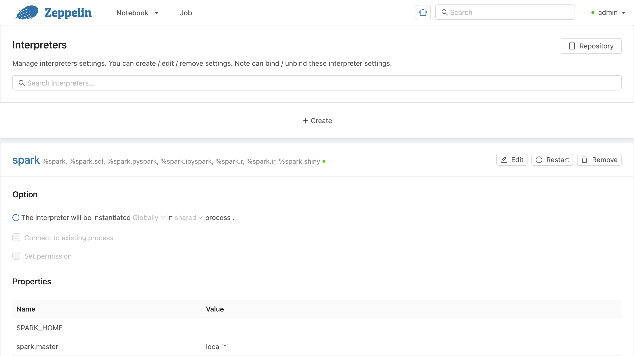 The Apache Zeppelin interpreter settings page listing the bundled interpreters