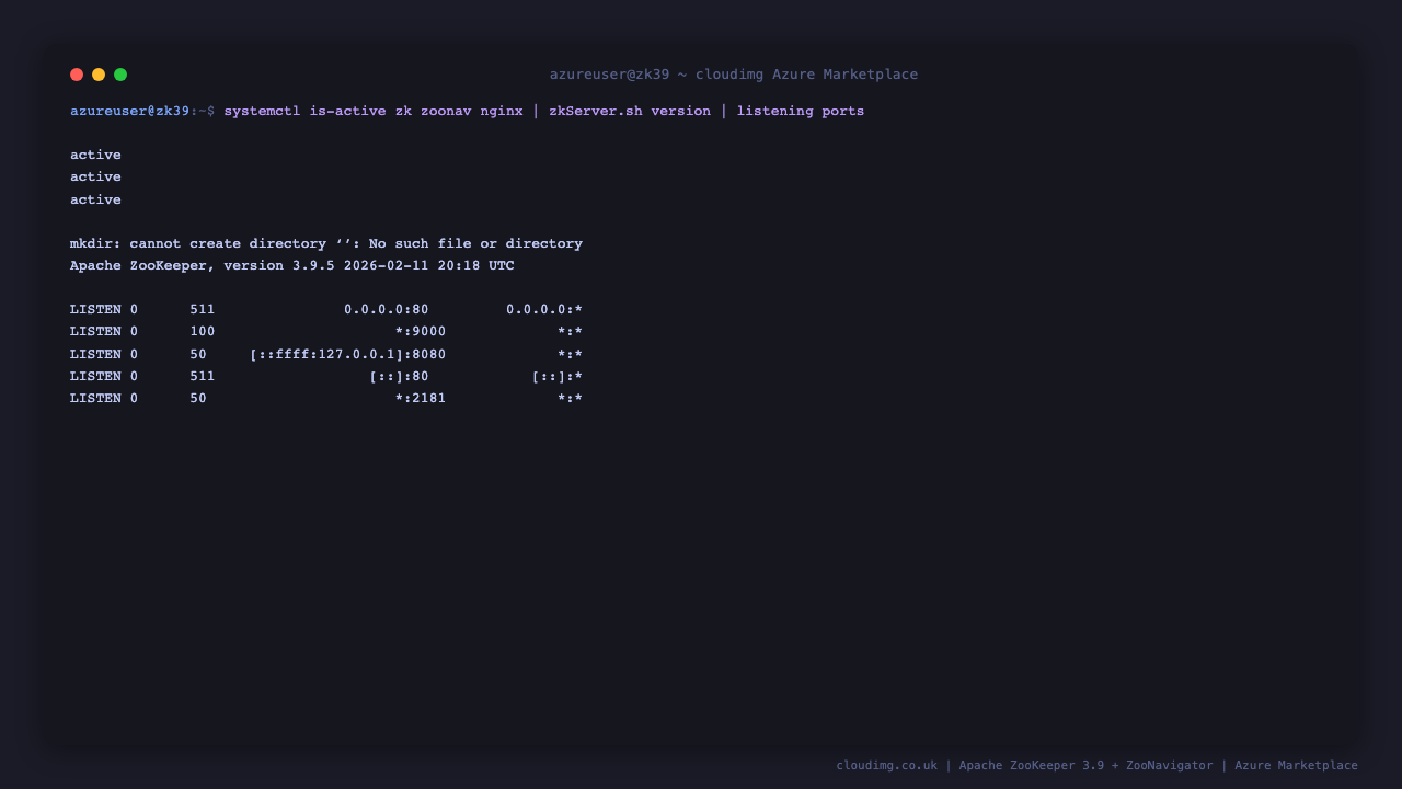 All three services (zookeeper, zoonavigator, nginx) active; Apache ZooKeeper 3.9.5