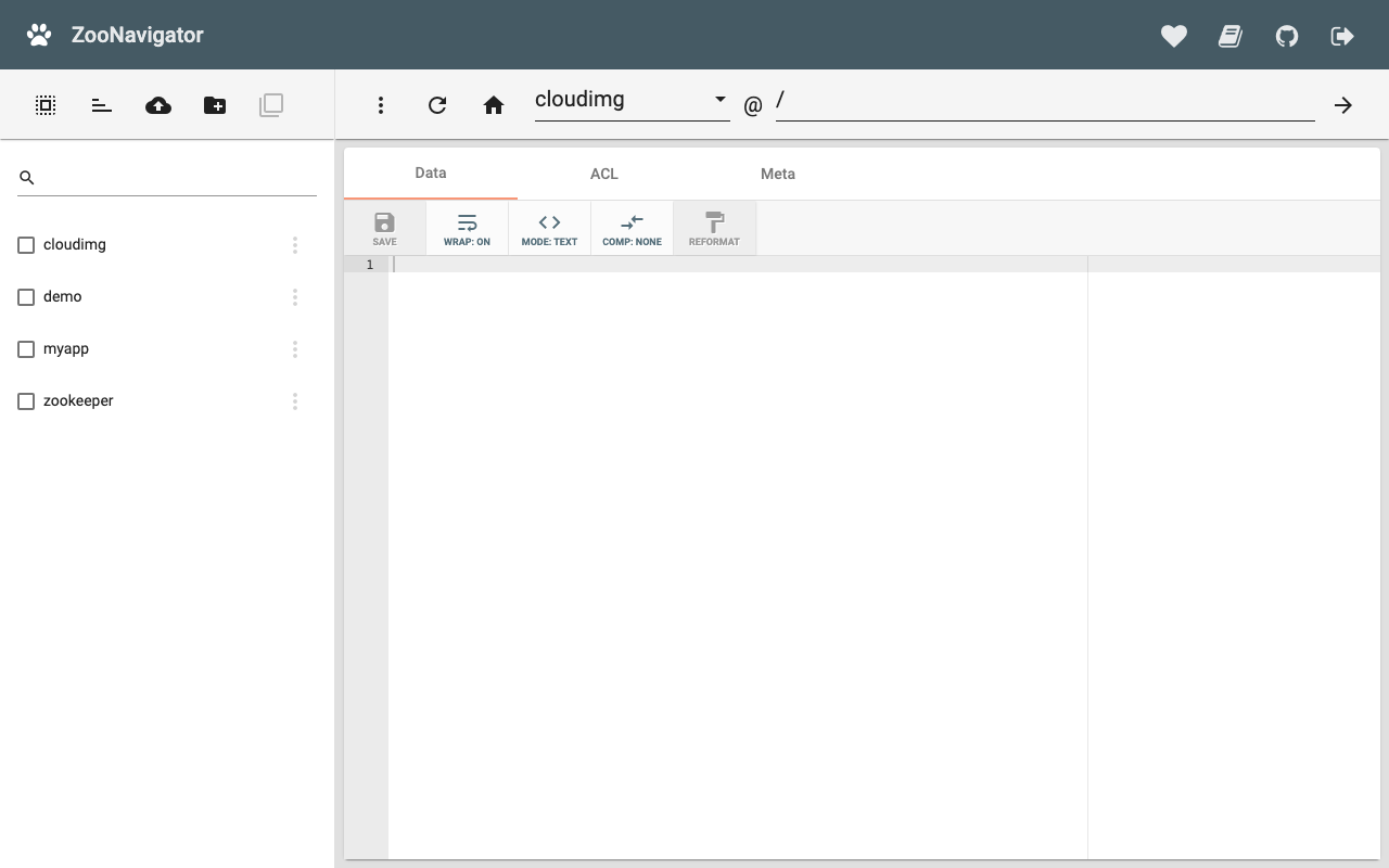 ZooNavigator Web UI auto-connected to the cloudimg ZK cluster, root znodes visible in the tree browser