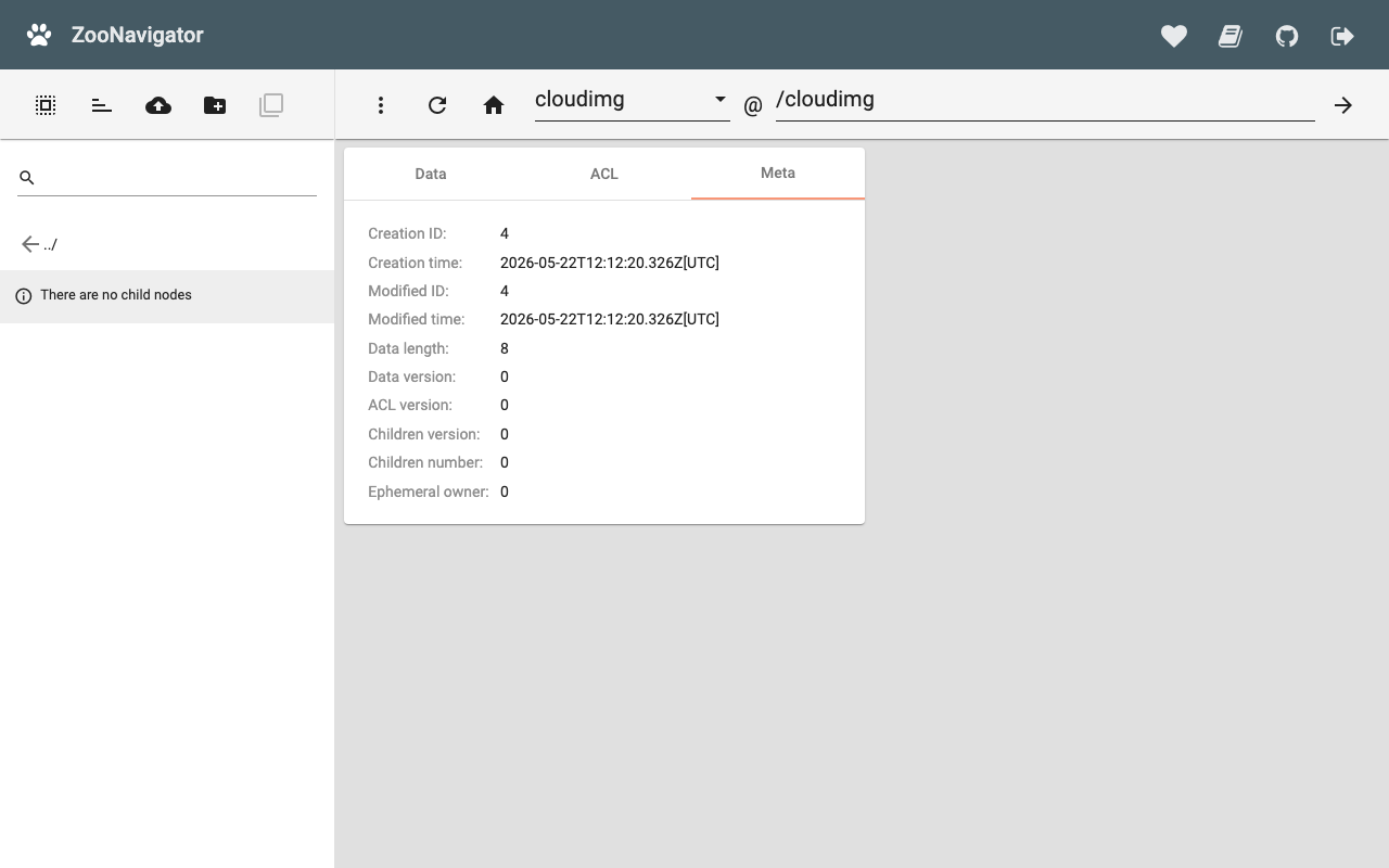 The ZooNavigator Meta tab showing a znode stat structure