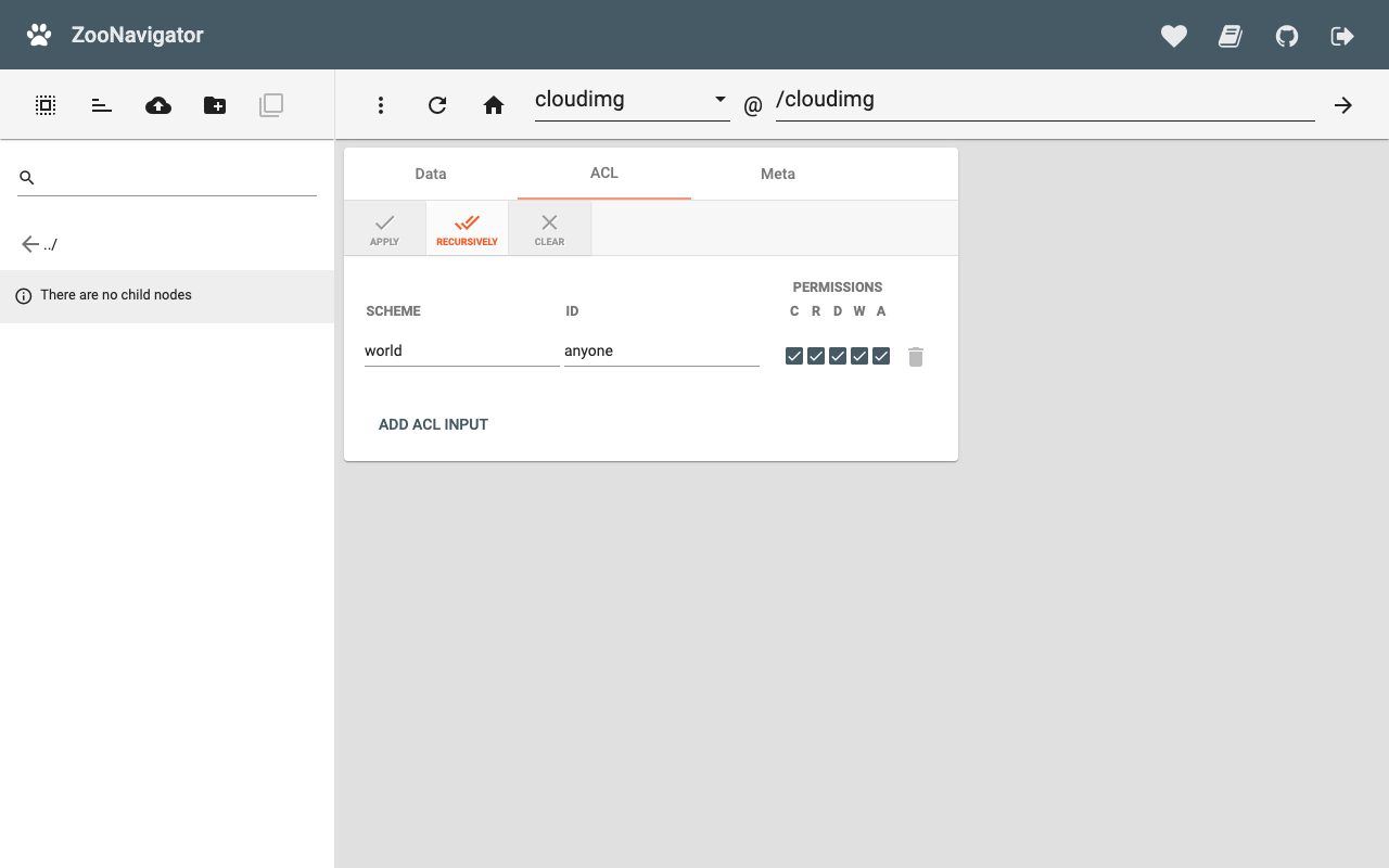 Reviewing and editing a znode access control list in the ZooNavigator ACL tab