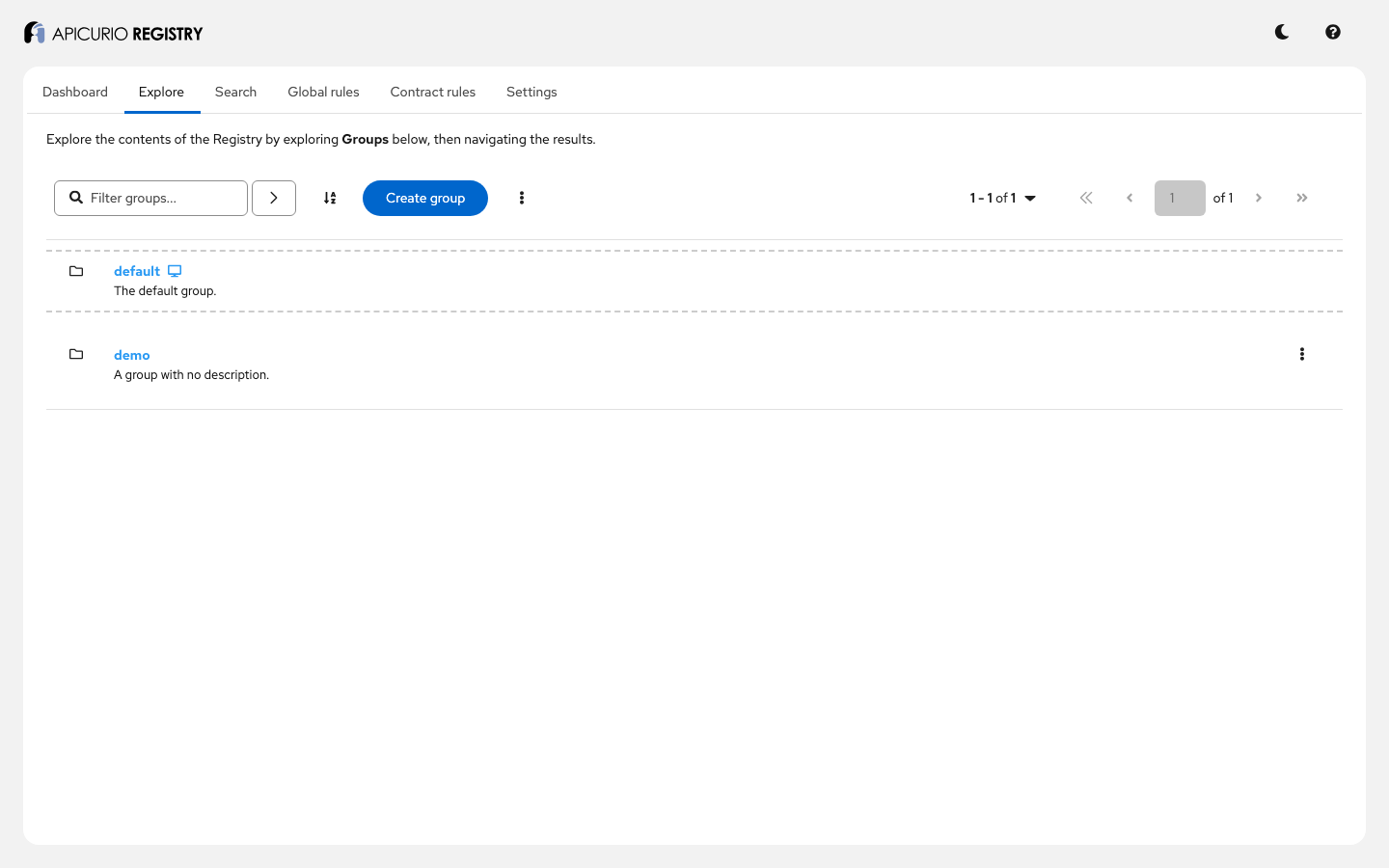 The Apicurio Registry 3.3.3 web UI over HTTPS: the Explore page with the default group and the demo group used in this guide
