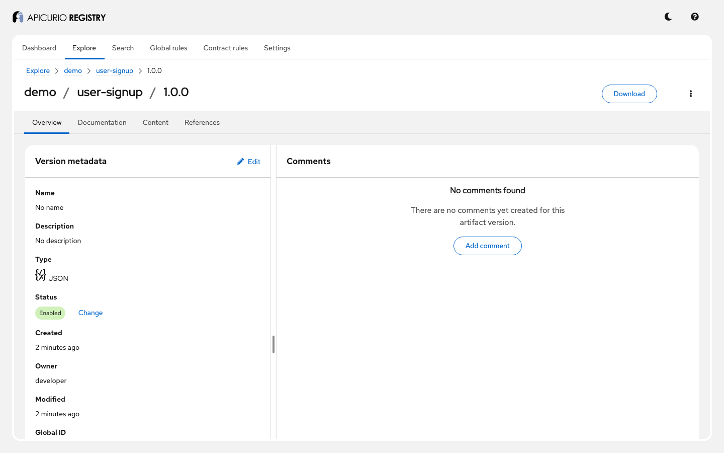 A version page in the web UI: demo / user-signup / 1.0.0, a JSON Schema registered in Step 6, with its metadata and the Download button