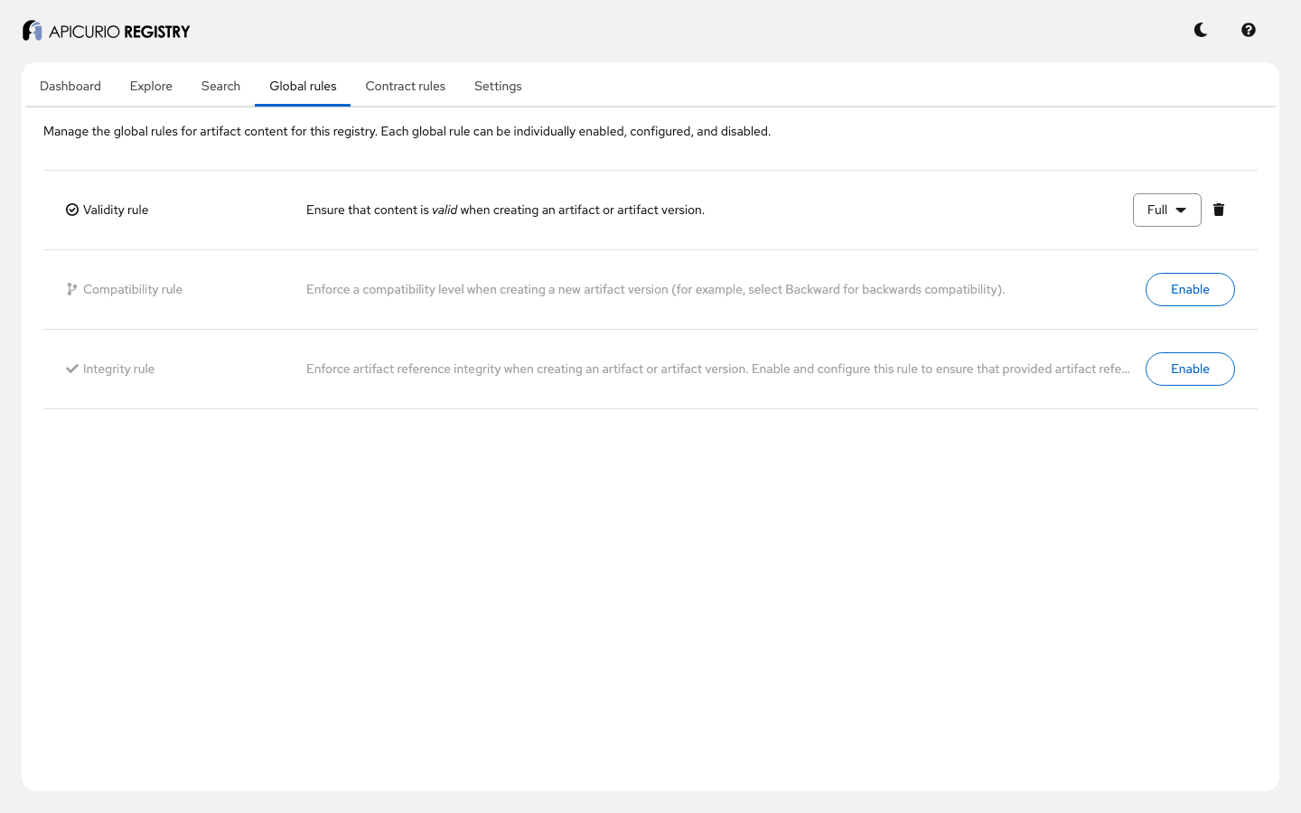 The Global rules page in the web UI: the Validity rule set to Full, which this guide enables in Step 8