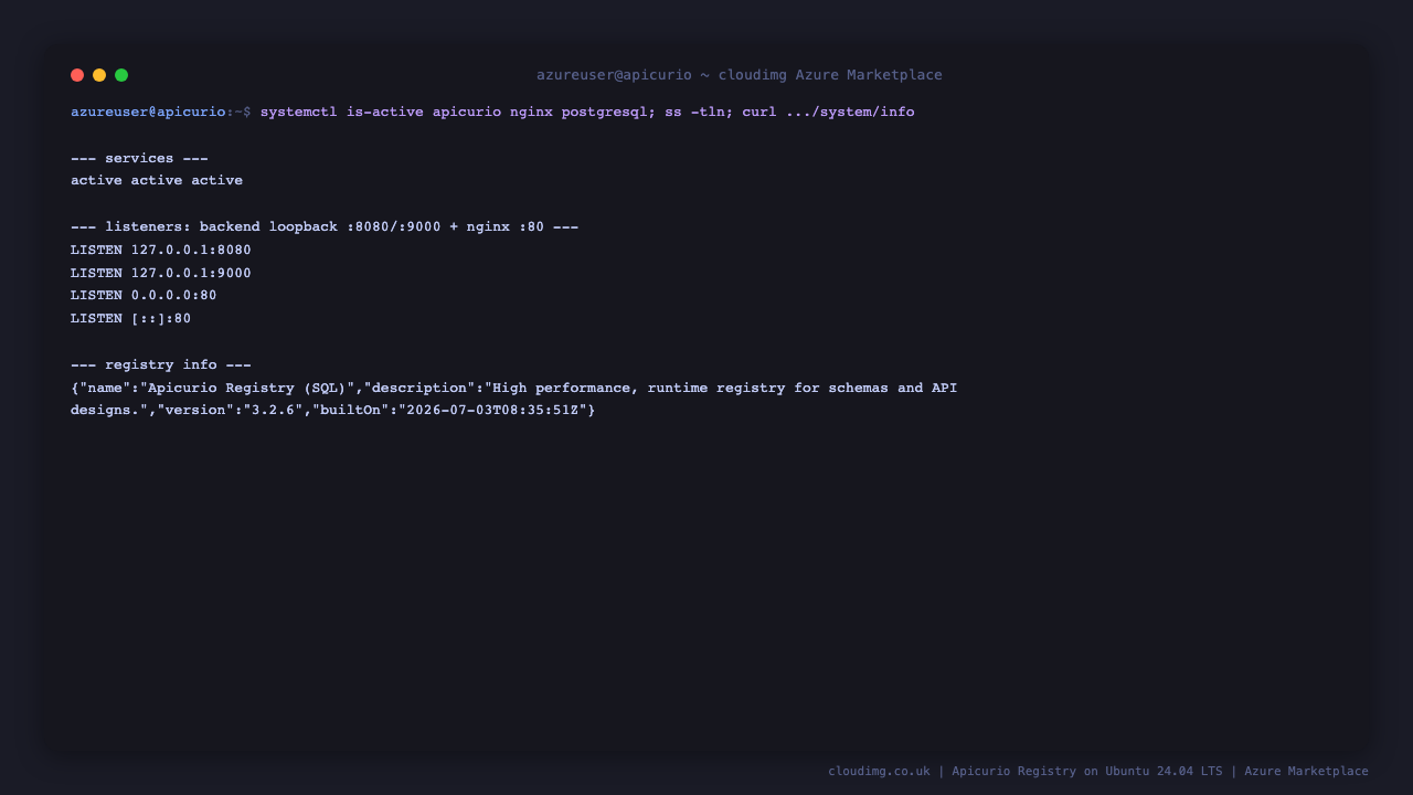 The apicurio, nginx and postgresql services reporting active, the backend listening on loopback 127.0.0.1:8080 and 127.0.0.1:9000, nginx listening on port 80, and the registry reporting version 3.2.6