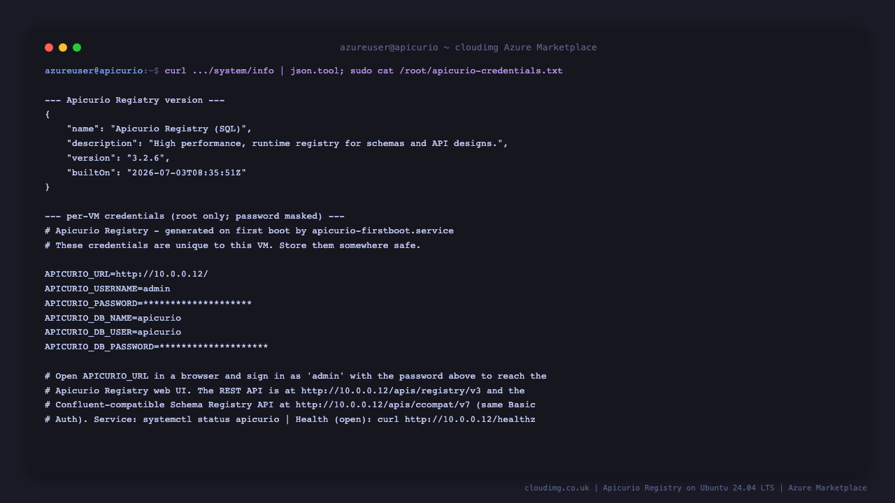 The registry reporting version 3.2.6 from the system info endpoint and the per VM credentials file with the generated admin username, masked password and URL