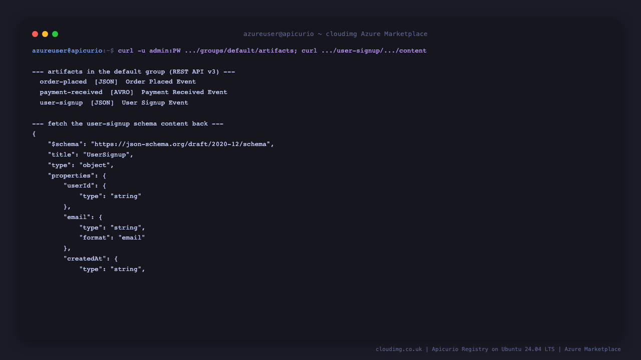 The REST API listing the three example artifacts in the default group with their types, and the user-signup JSON Schema content fetched back