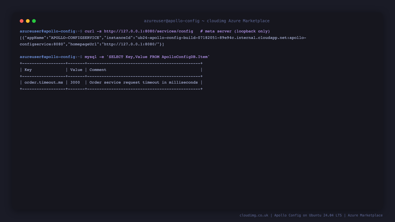 The config service meta server responding on loopback and a released configuration item read directly from ApolloConfigDB