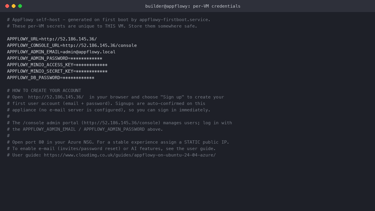 Per-VM AppFlowy credentials file
