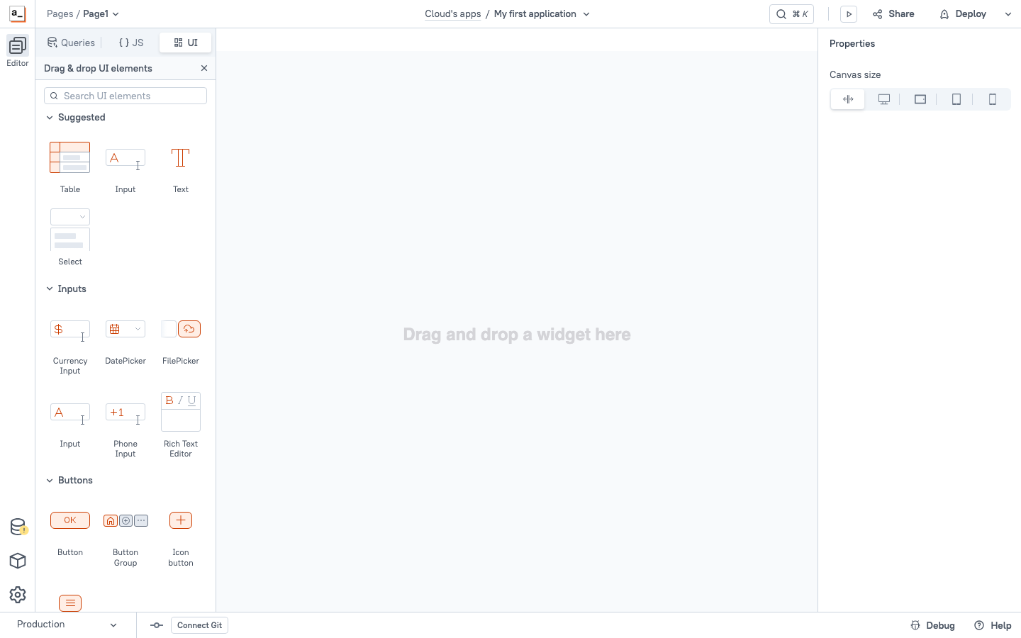 The Appsmith visual app builder with the widget palette and the application canvas