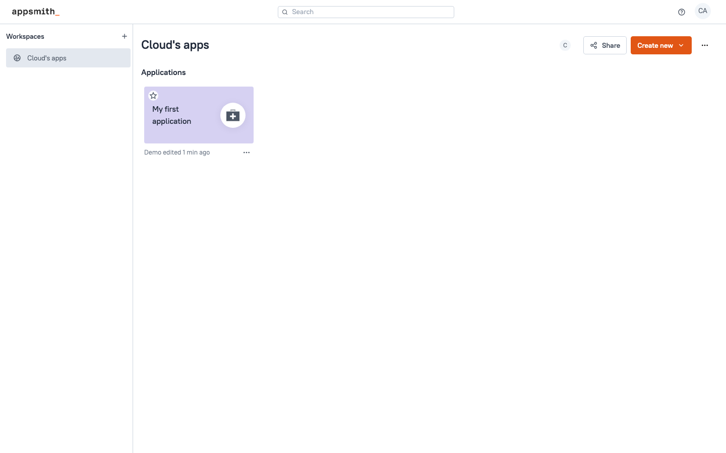The Appsmith workspace listing the applications built on this instance