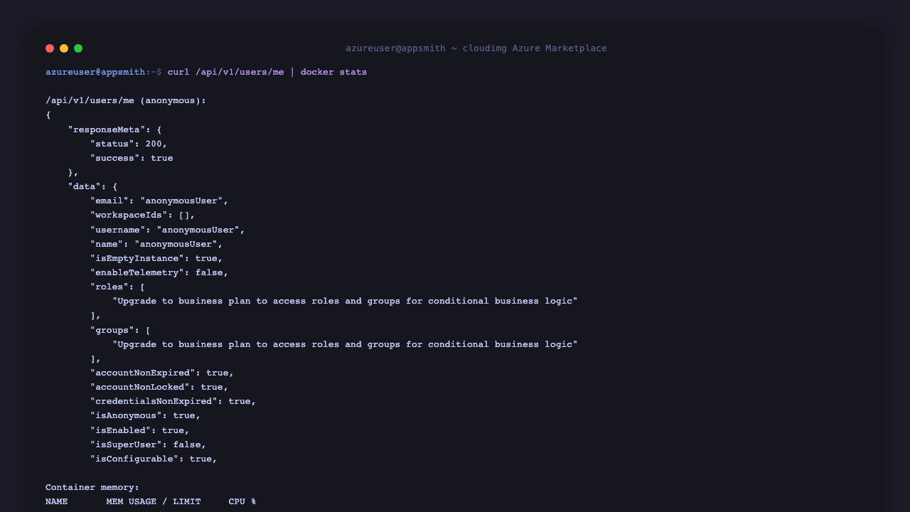 Appsmith REST /api/v1/users/me returning anonymousUser with isEmptyInstance:true