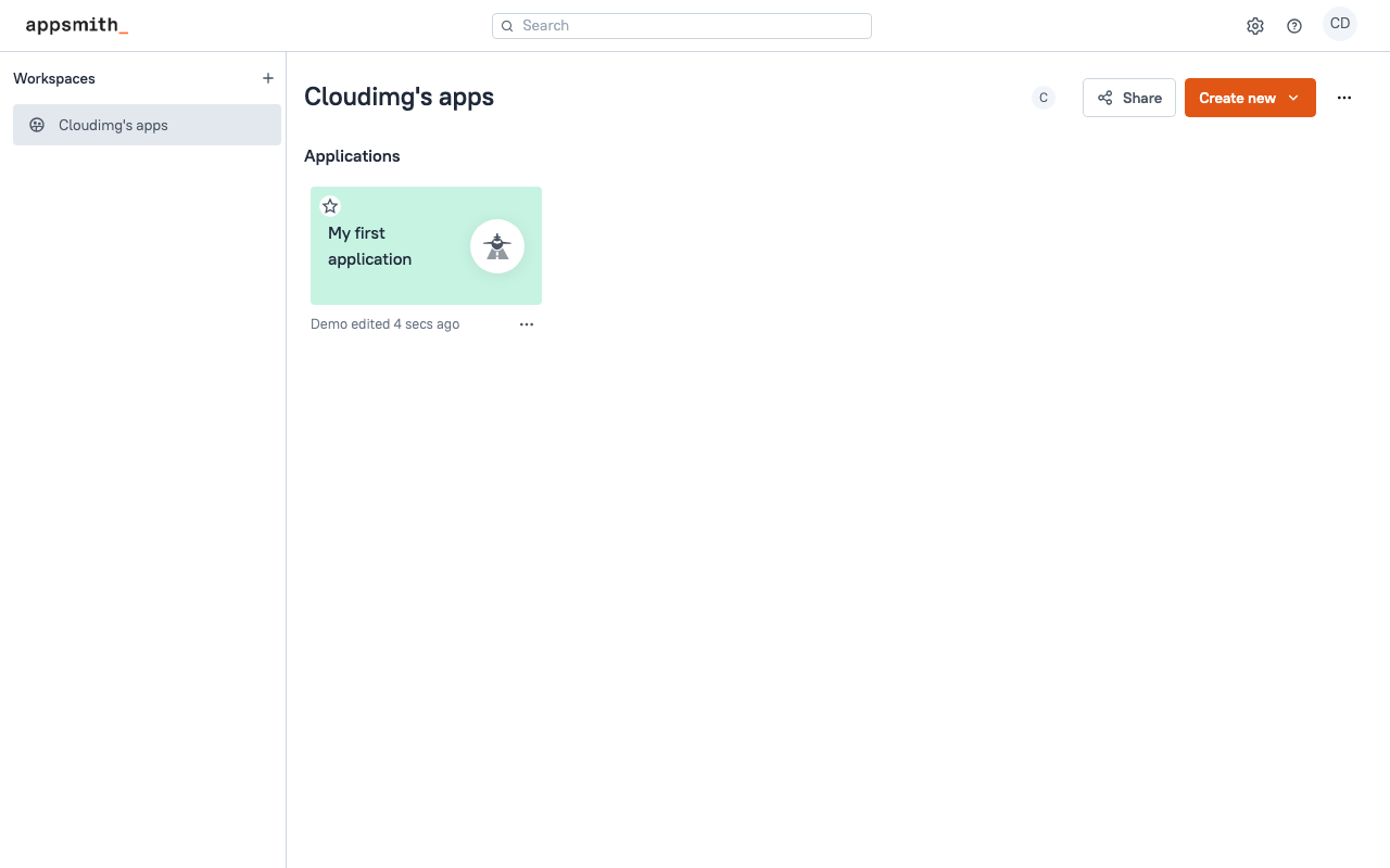 Appsmith workspaces dashboard with the New Application button