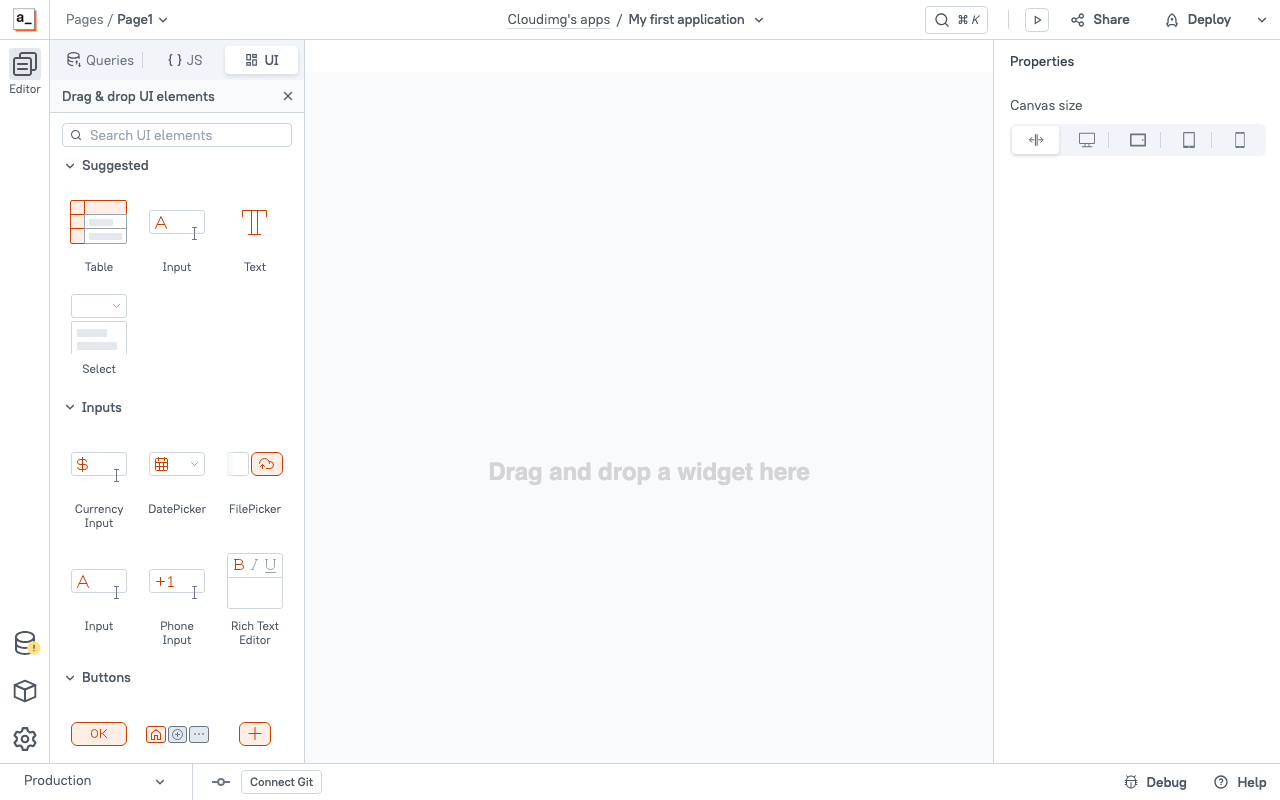 Appsmith app builder canvas with a Table widget and the property pane open