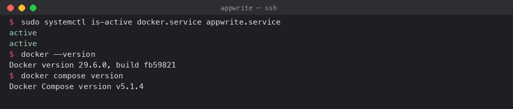 Docker and Appwrite systemd services reporting active with Docker and Compose versions