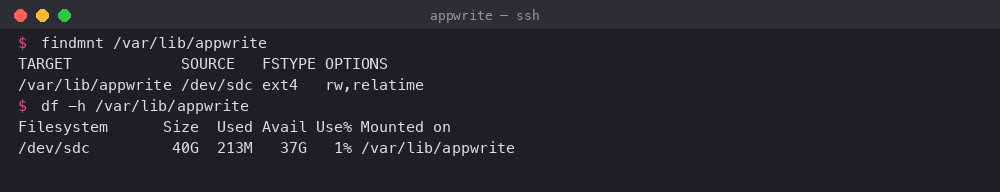 The dedicated Appwrite data disk mounted at /var/lib/appwrite