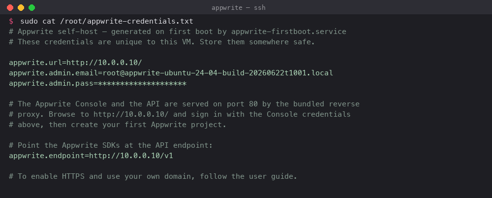 The per-VM Appwrite Console credentials file
