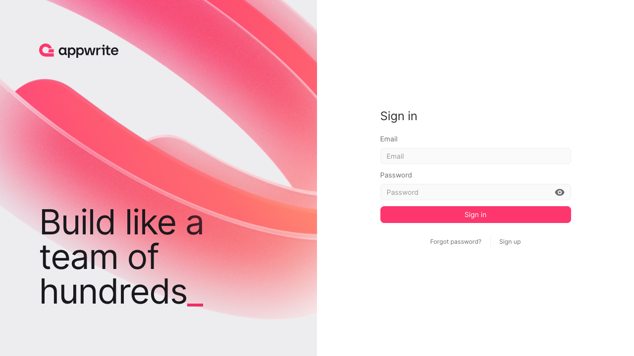 The Appwrite Console sign-in page served on port 80