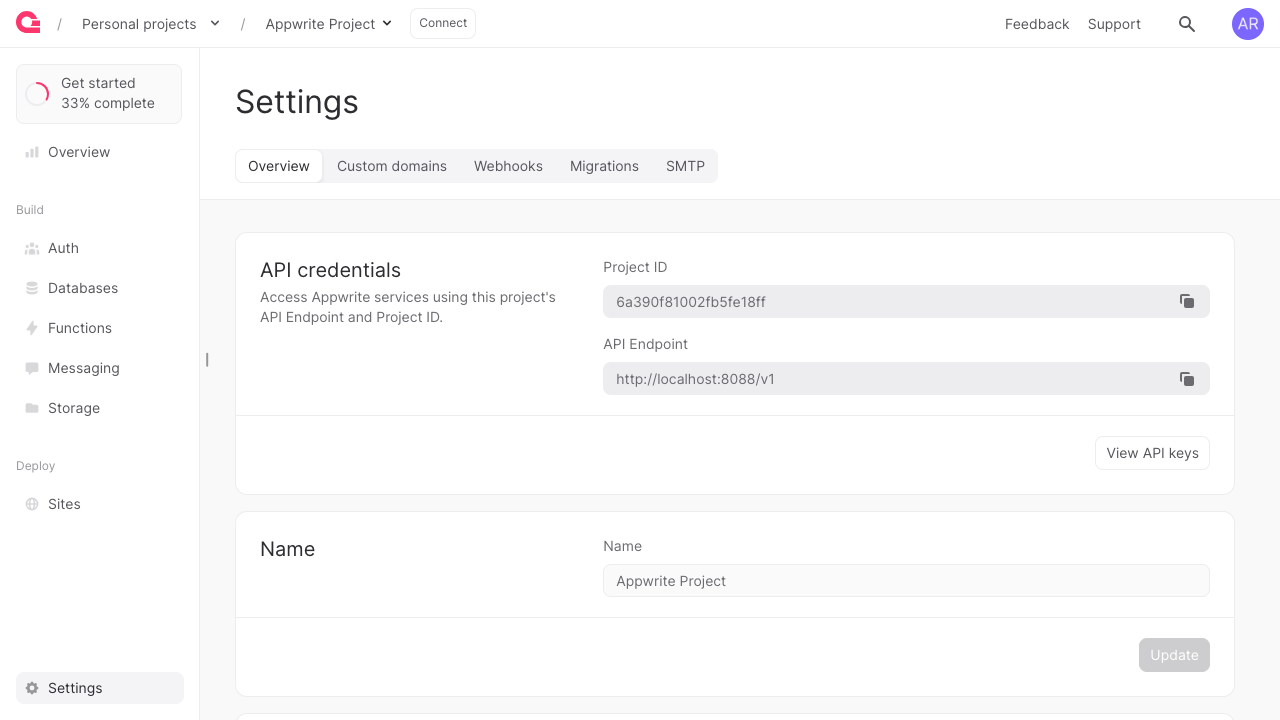 The Appwrite Console project settings and API keys view