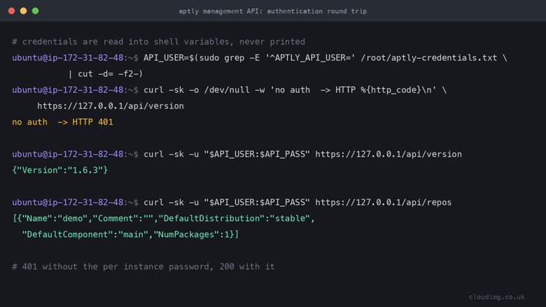 the management API returns HTTP 401 for an unauthenticated request and HTTP 200 with version 1.6.3 when the per instance basic auth credentials are supplied, and the authenticated repos endpoint lists the demo repository holding one package
